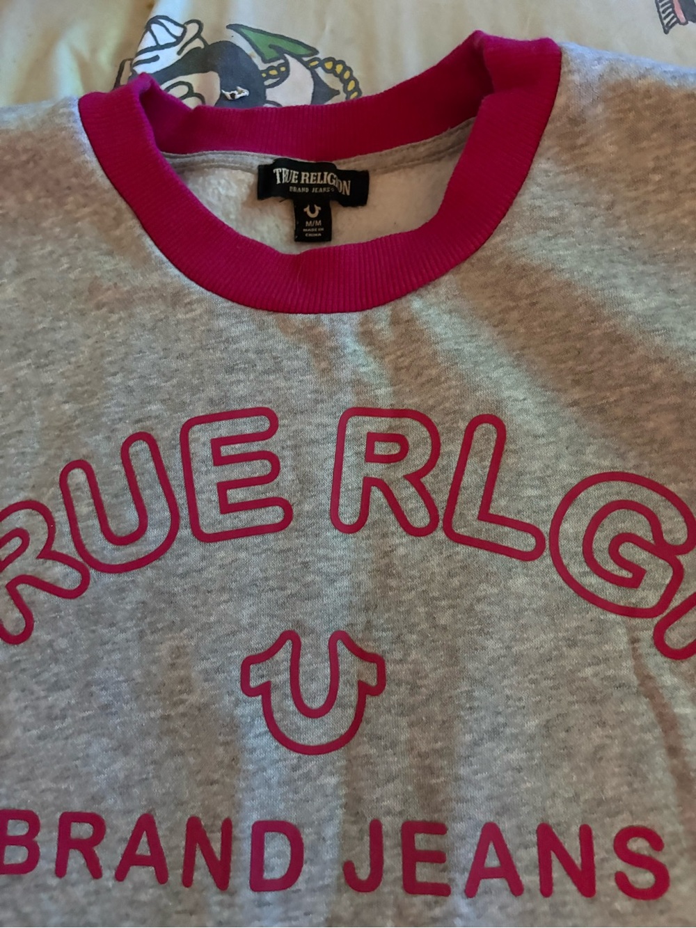 True Religion Gray Sweatshirt with Bright Pink Trim - Picture 2 of 3